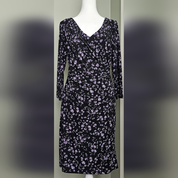 NWOT Chaps Floral Ikat Surplice Dress MEDIUM BLACK with LAVENDER FLORAL - Picture 1 of 6